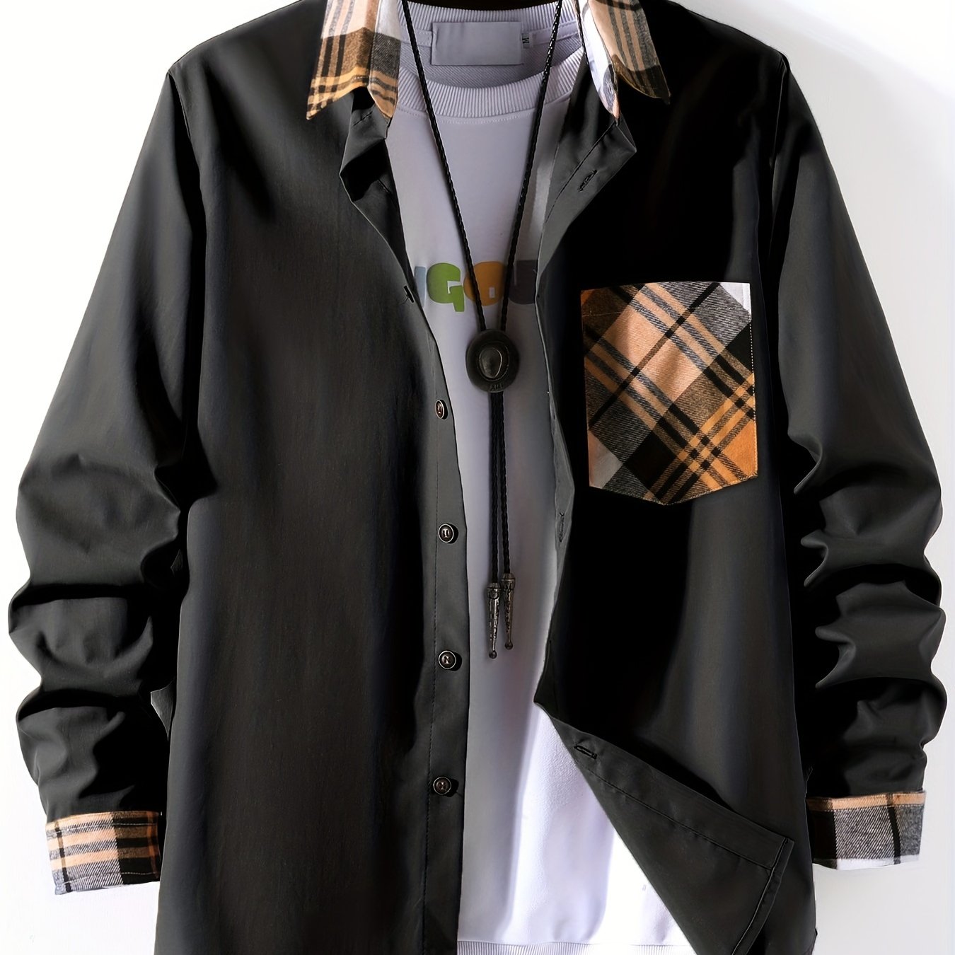 Vibrant Plaid Pattern Collage Chest Pocket Long Sleeve Button Up Shirt - Stylish Casual Wear for Spring, Summer, and Fall Outdoor Activities - Soft, Breathable, and Comfortable Men's Clothing for Everyday Wear