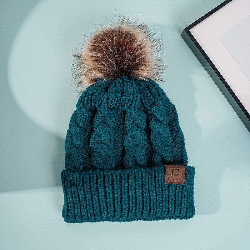 Winter Oversized Solid Color Cable Knitted Pom Pom Beanie Hat, Valentine's Gifts For Her