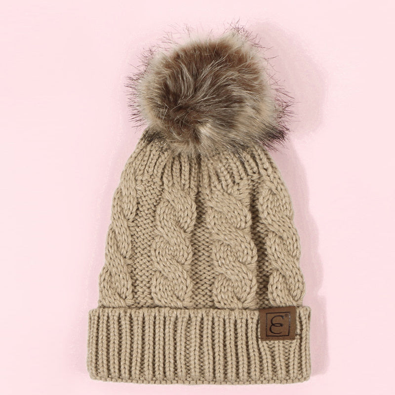 Winter Oversized Solid Color Cable Knitted Pom Pom Beanie Hat, Valentine's Gifts For Her