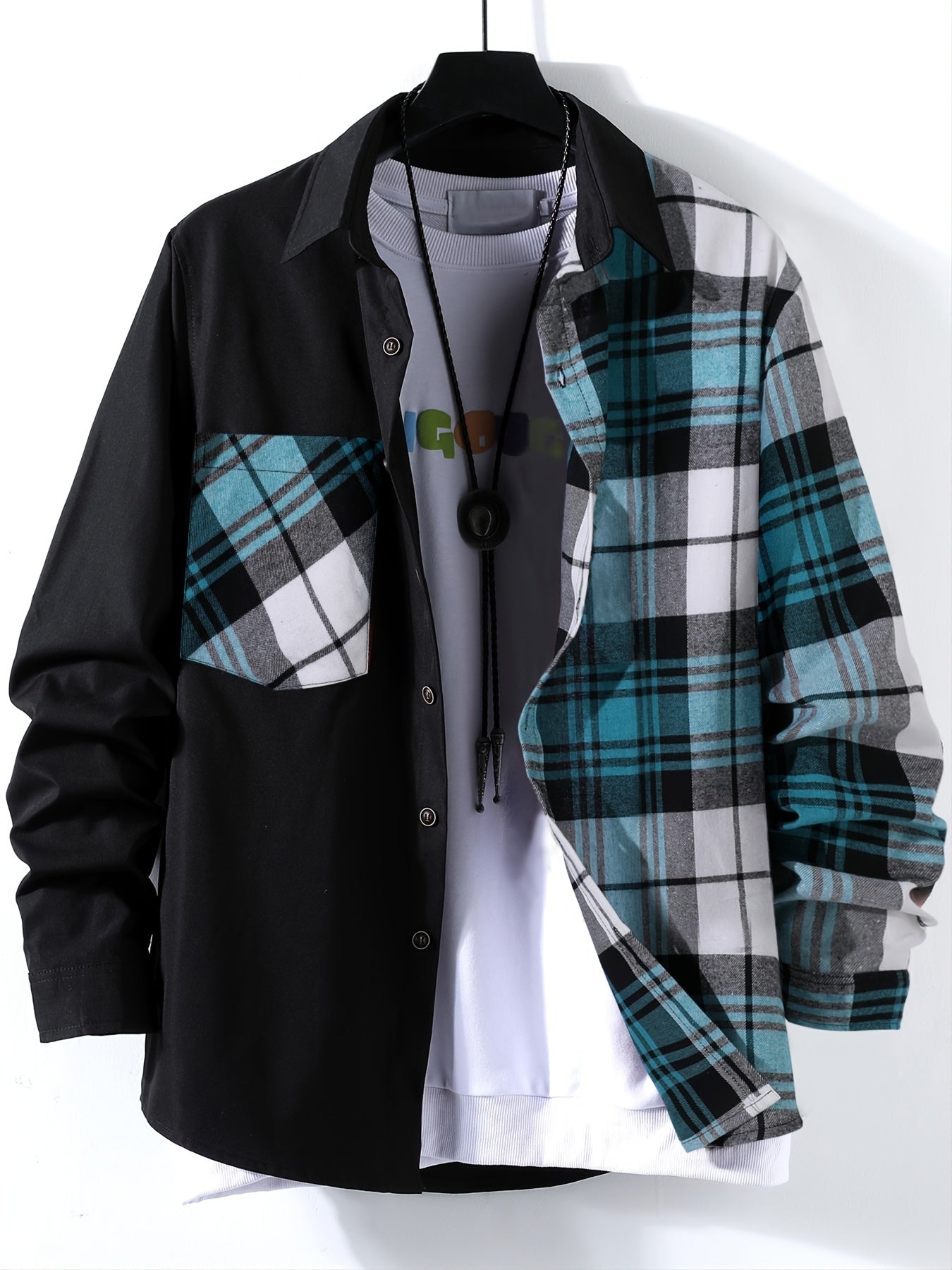 Vibrant Plaid Pattern Collage Chest Pocket Long Sleeve Button Up Shirt - Stylish Casual Wear for Spring, Summer, and Fall Outdoor Activities - Soft, Breathable, and Comfortable Men's Clothing for Everyday Wear