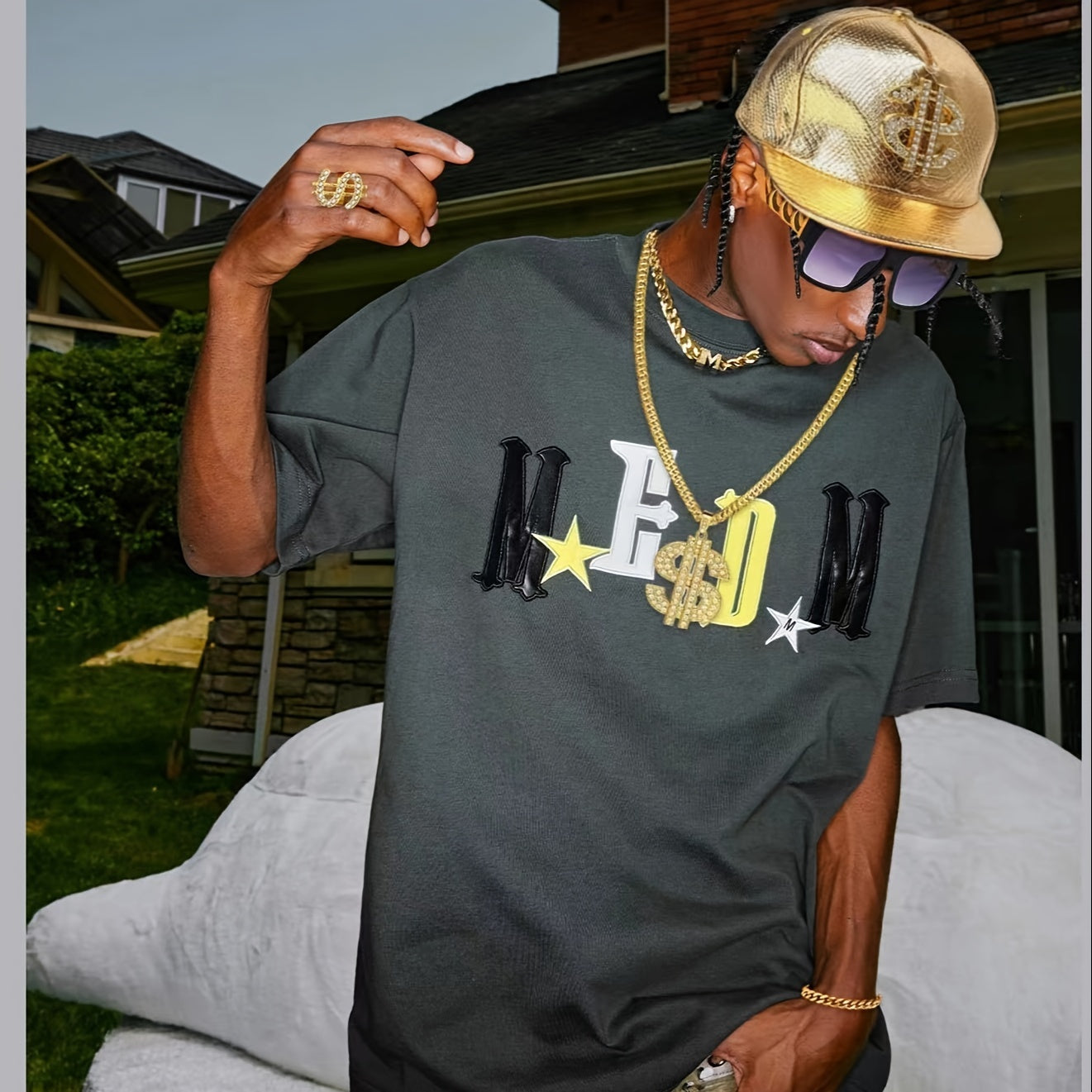 5Pcs Hip Hop Costume Kit 80s 90s Rapper Accessories Set Gold Rapper Hat Baseball Cap Punk Sunglasses Gold Dollar Sign Pendant Necklace Ring Bracelet For Men Women Carnivals, Throwback Party Outfit Halloween Jewelry Fun Access