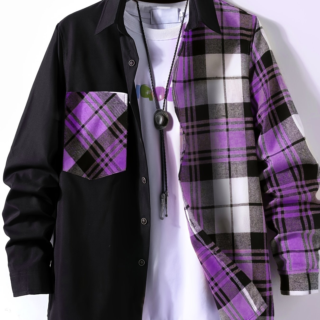 Vibrant Plaid Pattern Collage Chest Pocket Long Sleeve Button Up Shirt - Stylish Casual Wear for Spring, Summer, and Fall Outdoor Activities - Soft, Breathable, and Comfortable Men's Clothing for Everyday Wear