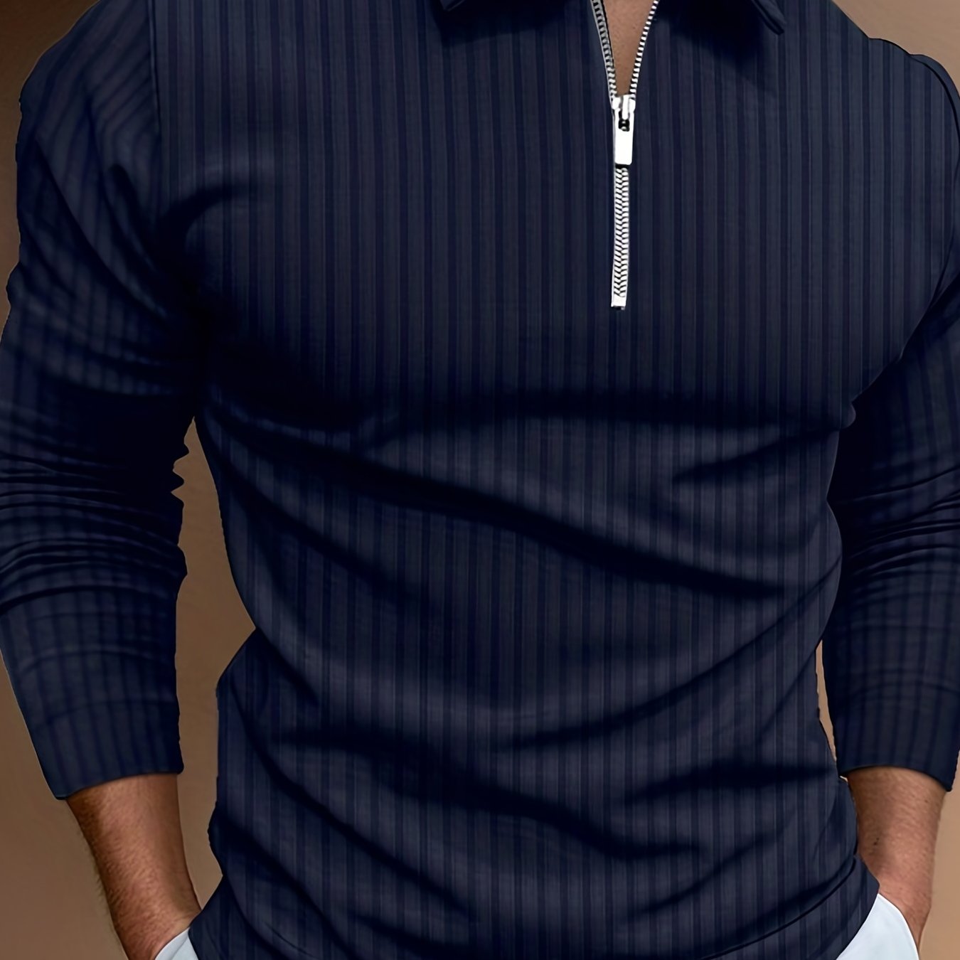 Vertical Stripe Men's Casual Long Sleeve Zipper Shirts, Lapel Collar Tops Pullovers, Men's Clothing For Spring Autumn