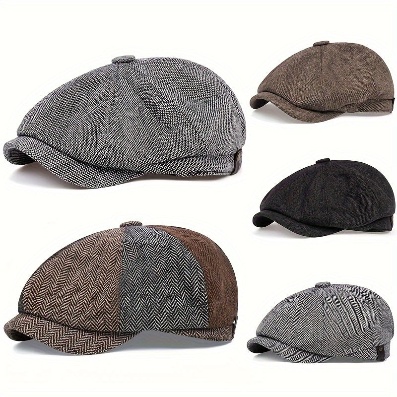 Men's Retro Octagonal Herringbone Hat, Casual Striped Beret, Gatsby Flat Hat