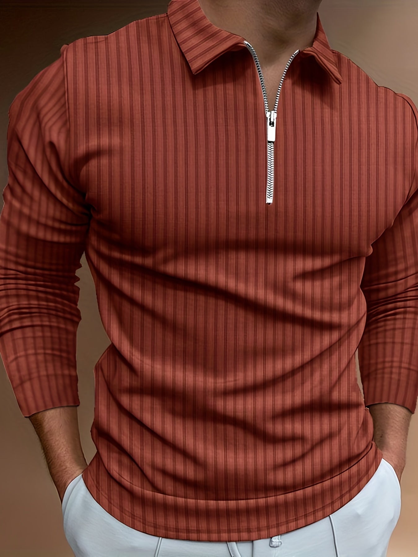 Vertical Stripe Men's Casual Long Sleeve Zipper Shirts, Lapel Collar Tops Pullovers, Men's Clothing For Spring Autumn