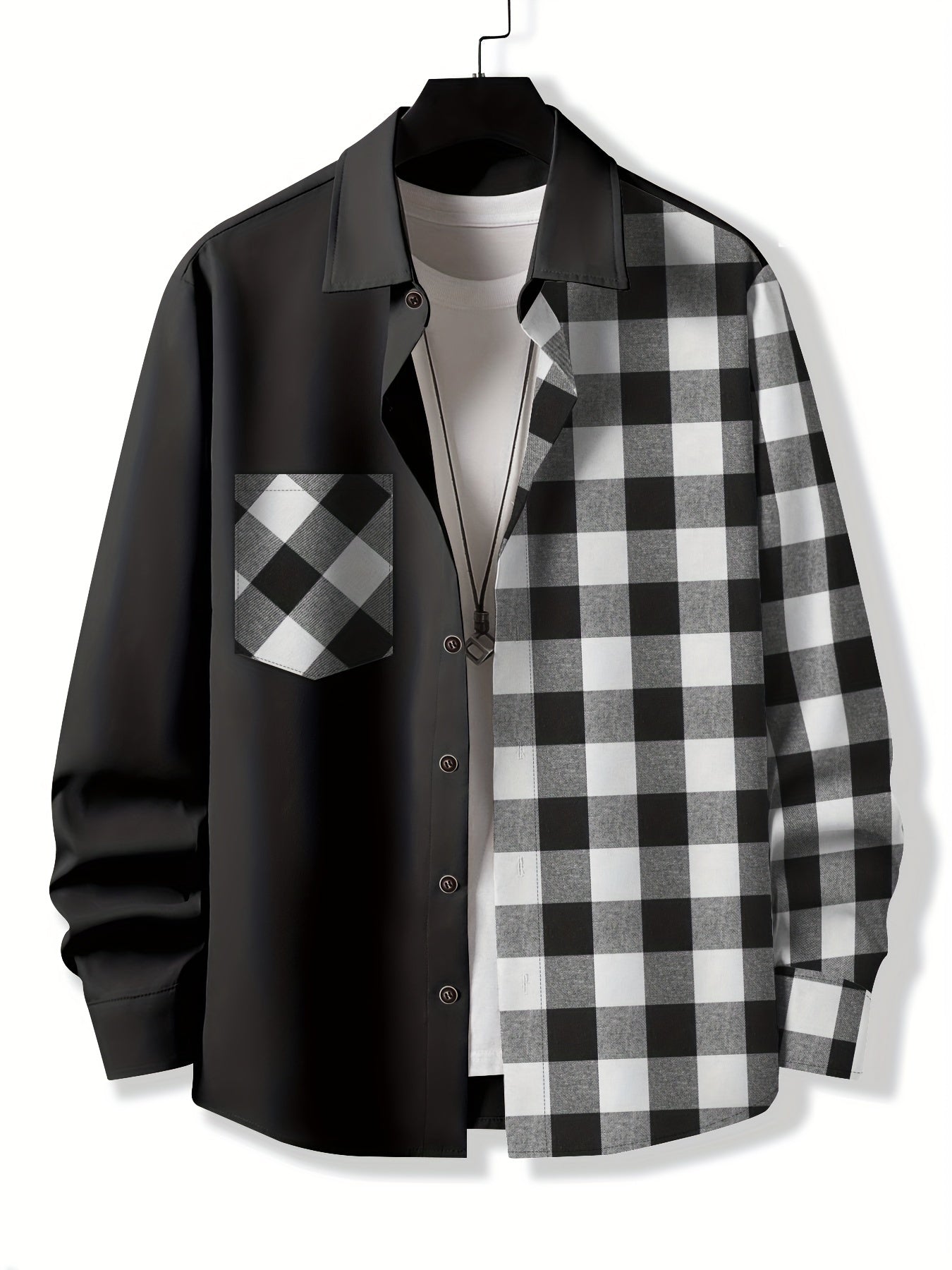 Vibrant Plaid Pattern Collage Chest Pocket Long Sleeve Button Up Shirt - Stylish Casual Wear for Spring, Summer, and Fall Outdoor Activities - Soft, Breathable, and Comfortable Men's Clothing for Everyday Wear