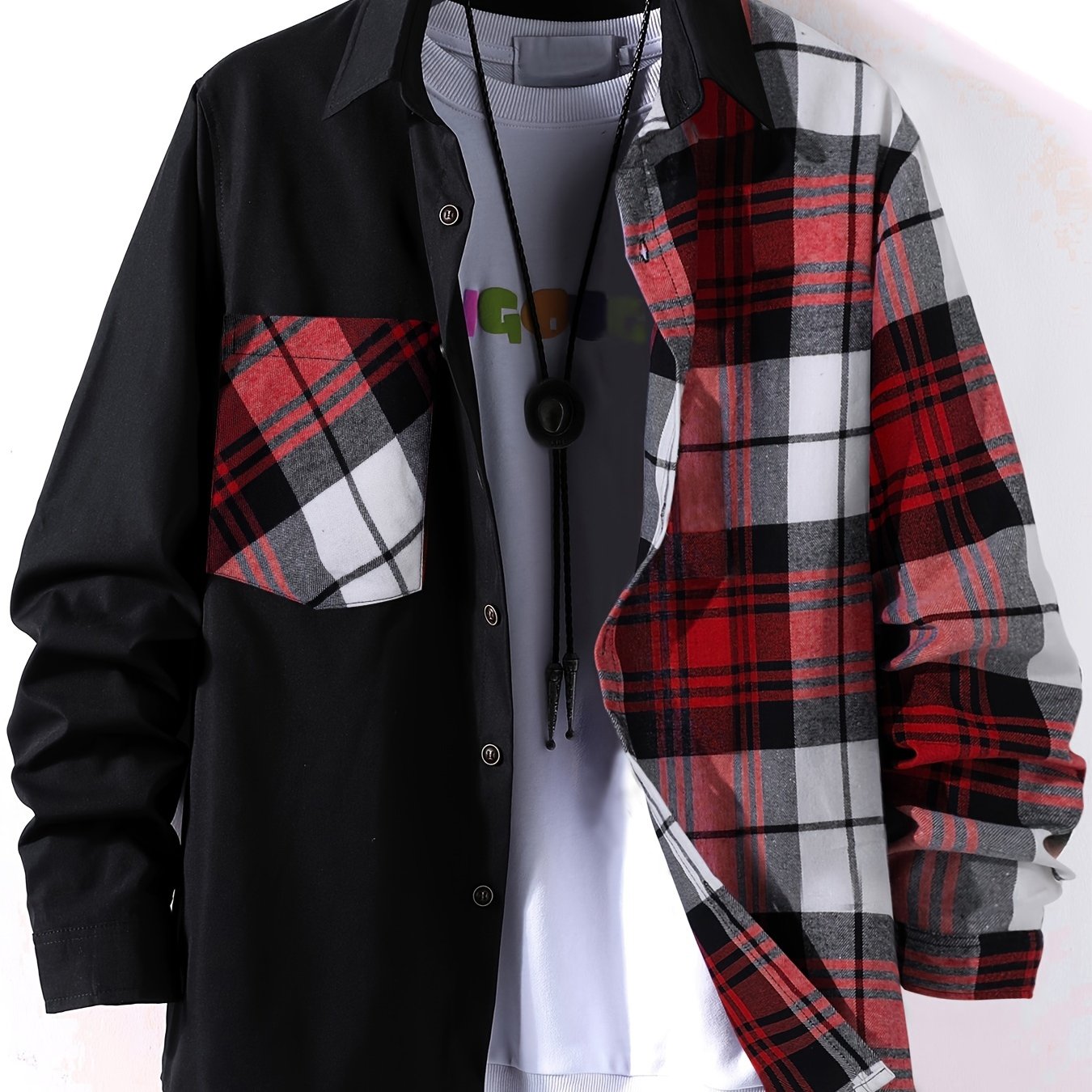 Vibrant Plaid Pattern Collage Chest Pocket Long Sleeve Button Up Shirt - Stylish Casual Wear for Spring, Summer, and Fall Outdoor Activities - Soft, Breathable, and Comfortable Men's Clothing for Everyday Wear