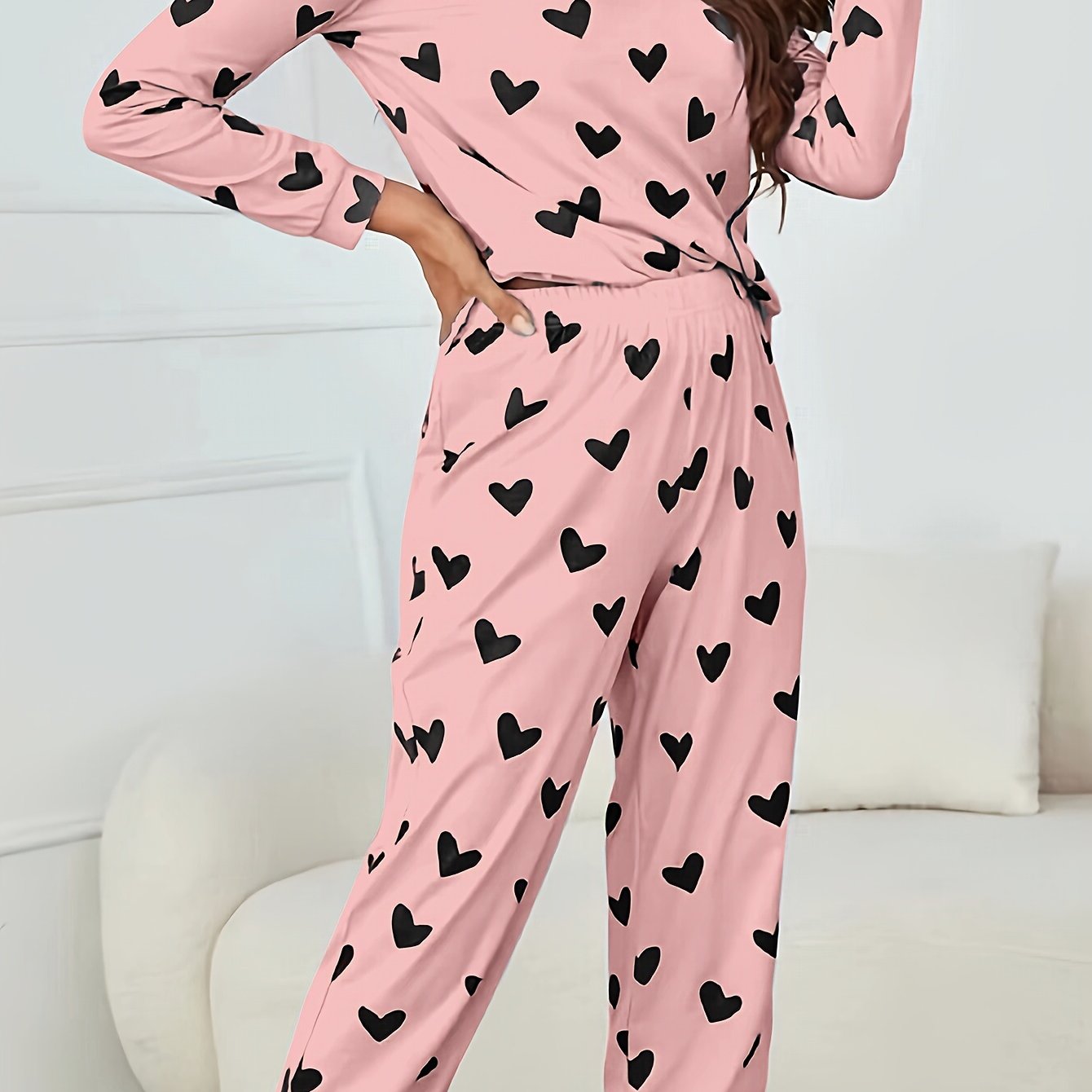 Long Sleeve Heart Print Pajama Set, Crew Neck Top & Elastic Waistband Pants for Women's Sleepwear & Loungewear