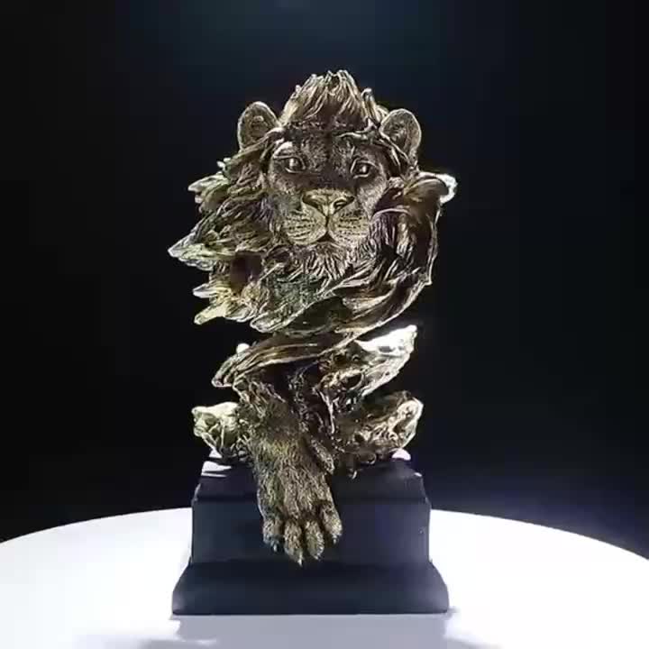 HF-830 Golden Resin Lion Statue King Of Beasts Figurine Lion Statues Home Decor Office Exquisite Decoration Collectibles For Men Room Decor For Men