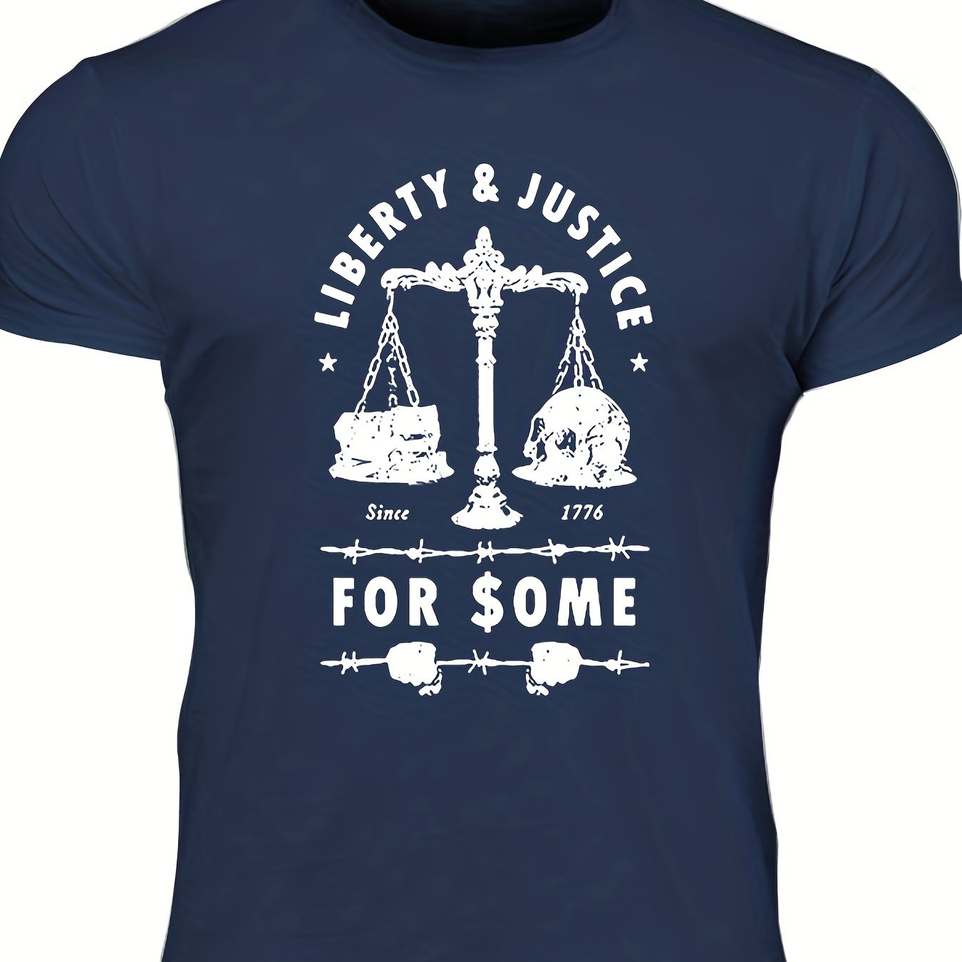 Men's "Liberty & Justice" Print T-shirt, Casual Comfy Slightly Stretch Crew Neck Tee, Men's Clothing For Summer Outdoor