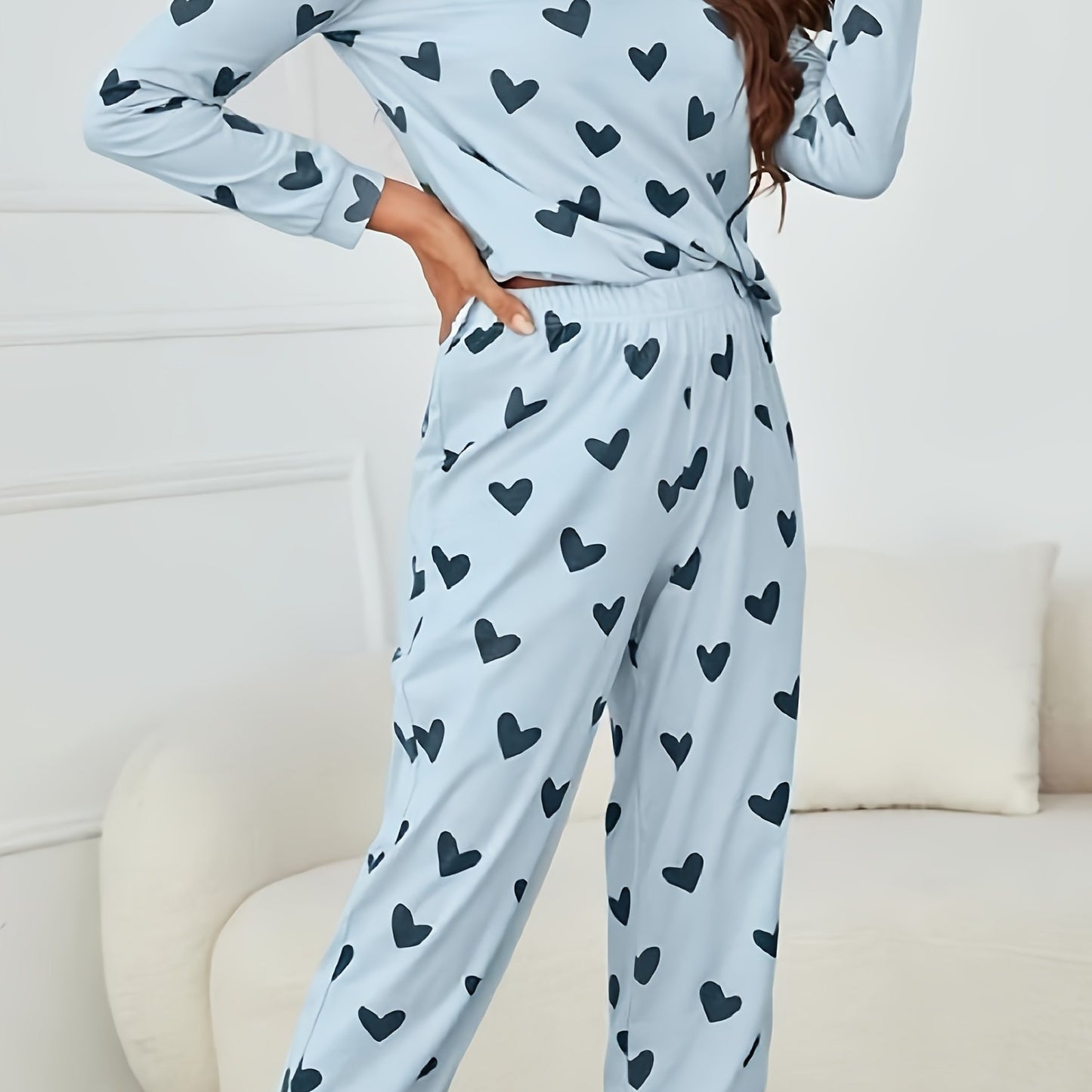 Long Sleeve Heart Print Pajama Set, Crew Neck Top & Elastic Waistband Pants for Women's Sleepwear & Loungewear