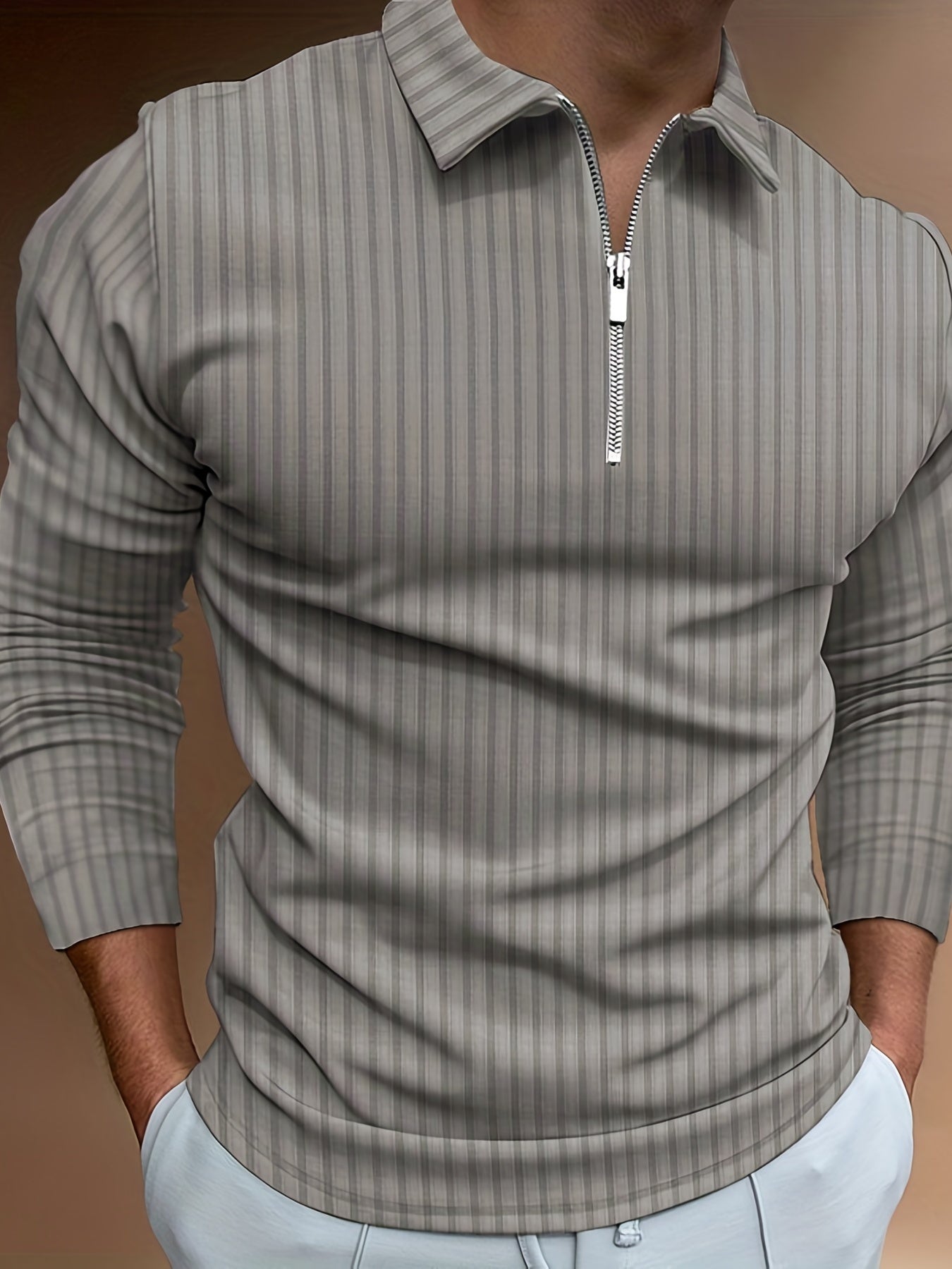 Vertical Stripe Men's Casual Long Sleeve Zipper Shirts, Lapel Collar Tops Pullovers, Men's Clothing For Spring Autumn