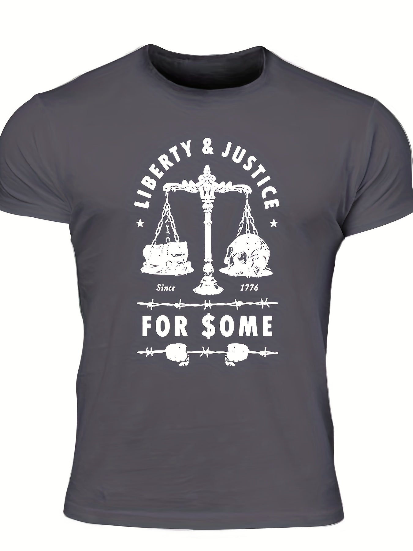 Men's "Liberty & Justice" Print T-shirt, Casual Comfy Slightly Stretch Crew Neck Tee, Men's Clothing For Summer Outdoor
