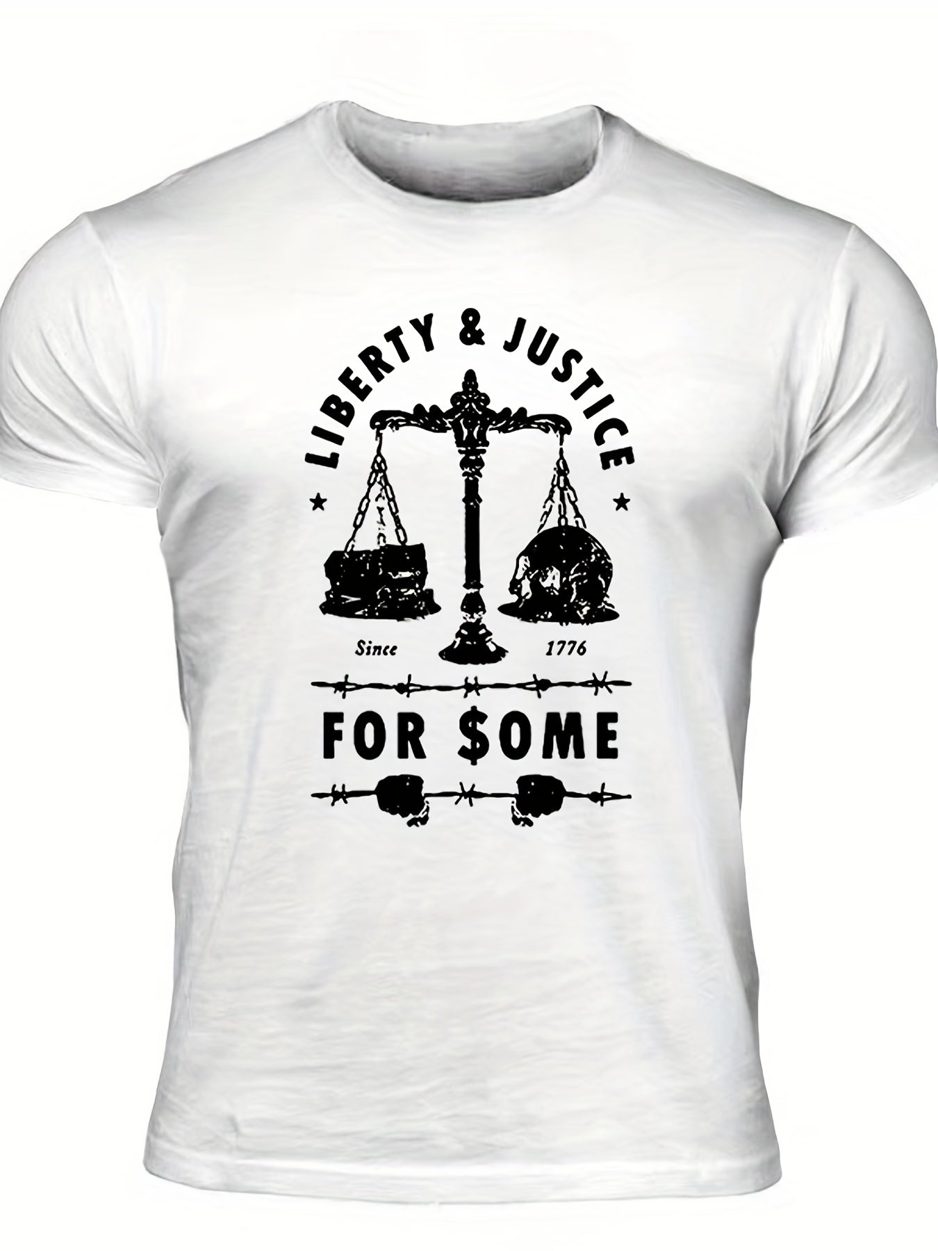 Men's "Liberty & Justice" Print T-shirt, Casual Comfy Slightly Stretch Crew Neck Tee, Men's Clothing For Summer Outdoor