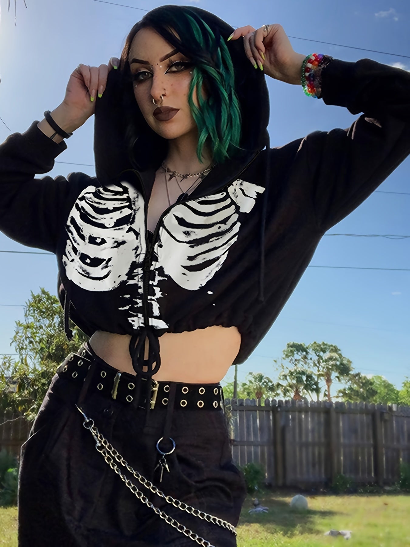Gothic Drawstring Crop Hoodie, Long Sleeve Hoodies Sweatshirt, Women's Clothing