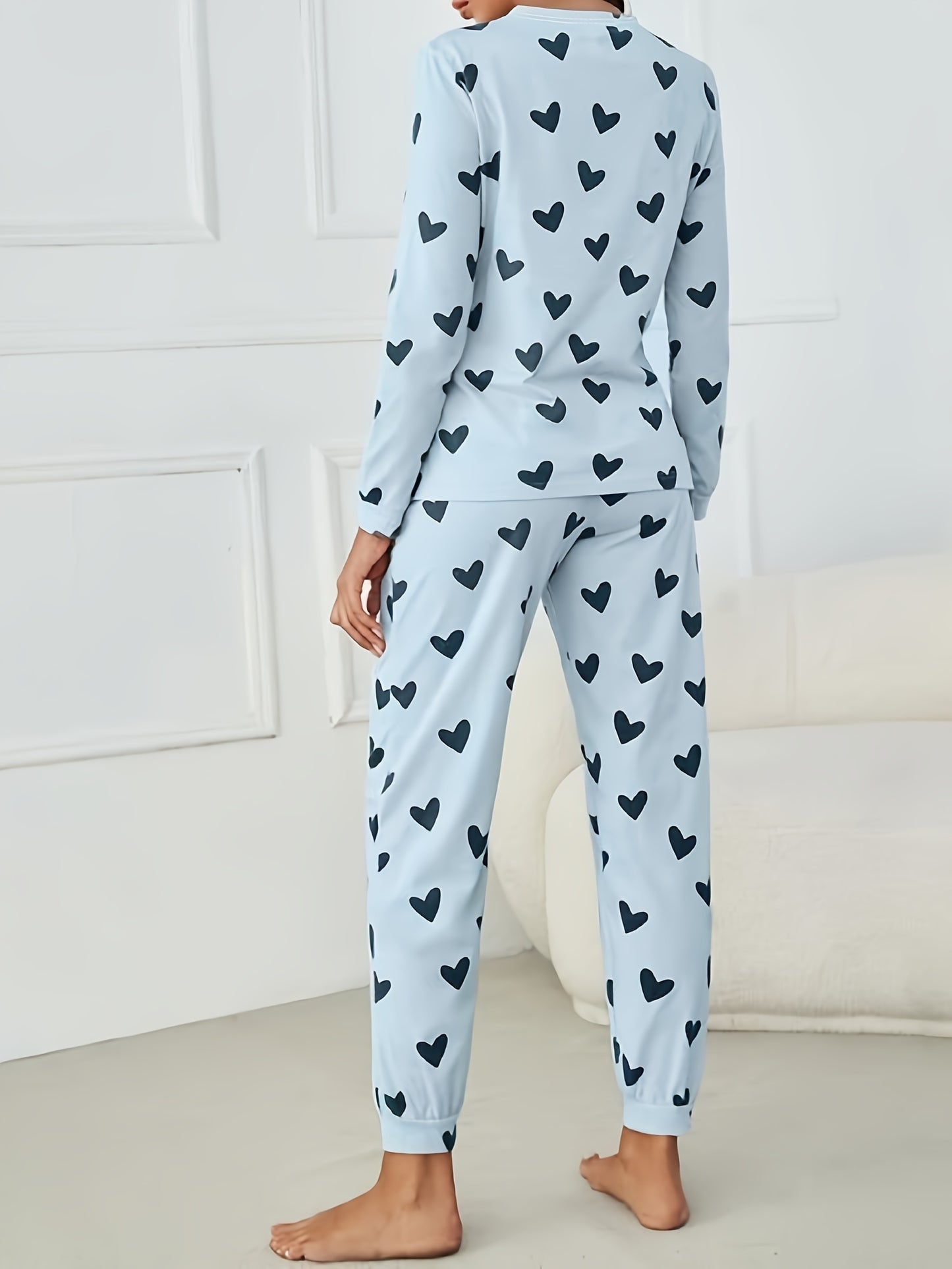 Long Sleeve Heart Print Pajama Set, Crew Neck Top & Elastic Waistband Pants for Women's Sleepwear & Loungewear