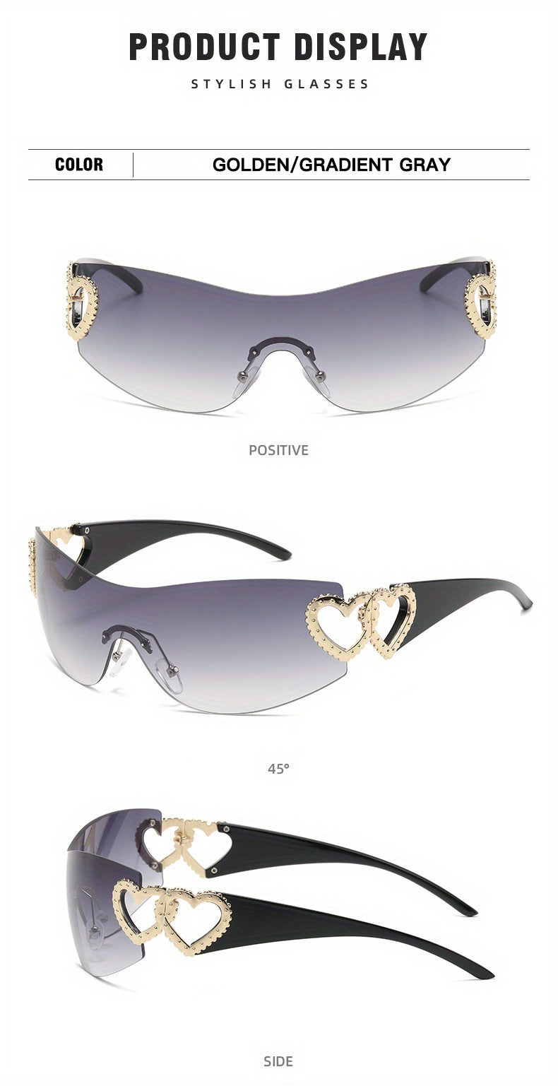 Y2K Wrap Around Fashion Sunglasses For Women Men One-piece Gradient Lens Glasses Heart Design Hollow Temple Eyewear sunglasses
