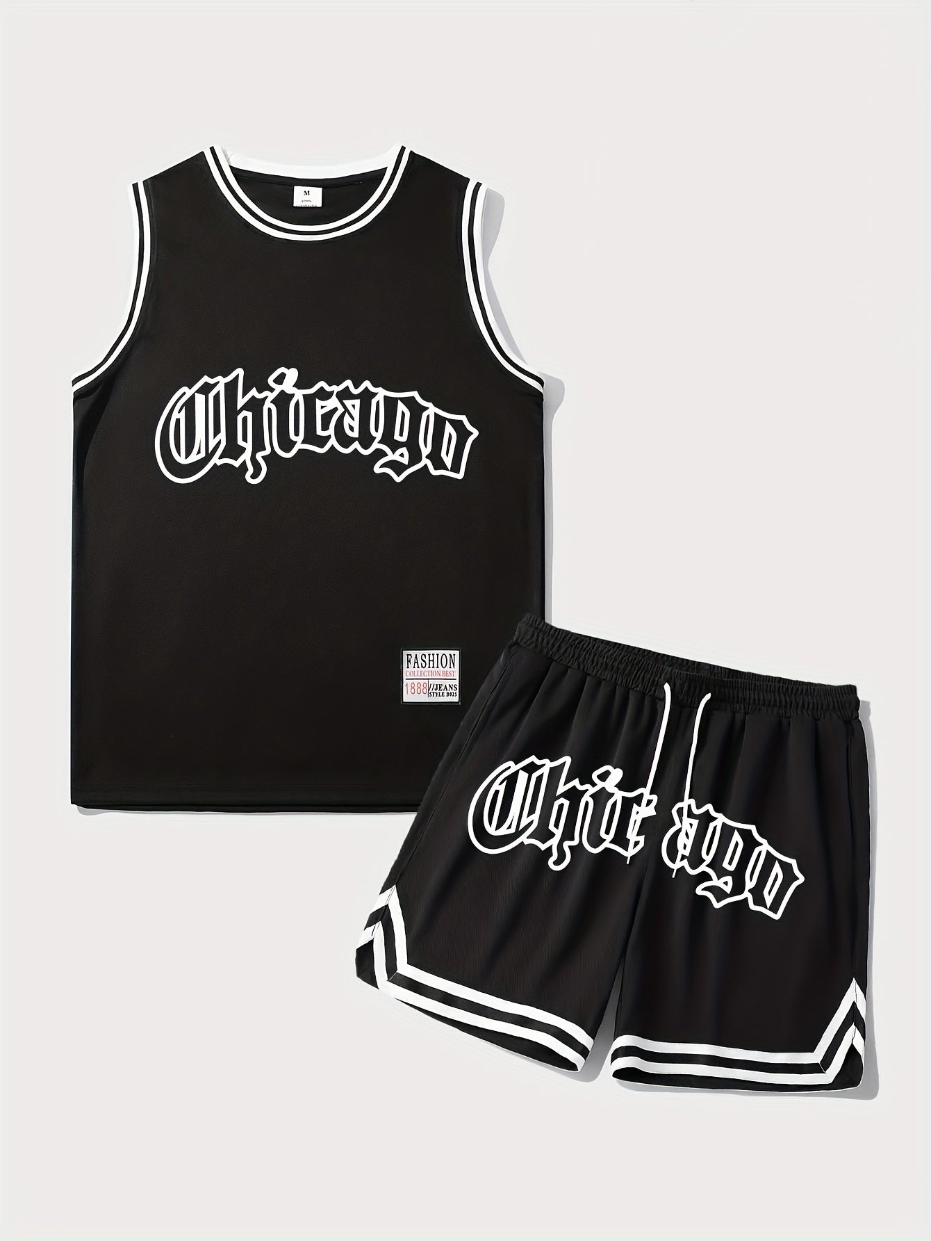 Men's 2 Piece Outfits, Chicago Letter Print, Striped Cuff Casual Graphic Tanktop And Loose Drawstring Shorts Set, Men's Clothing