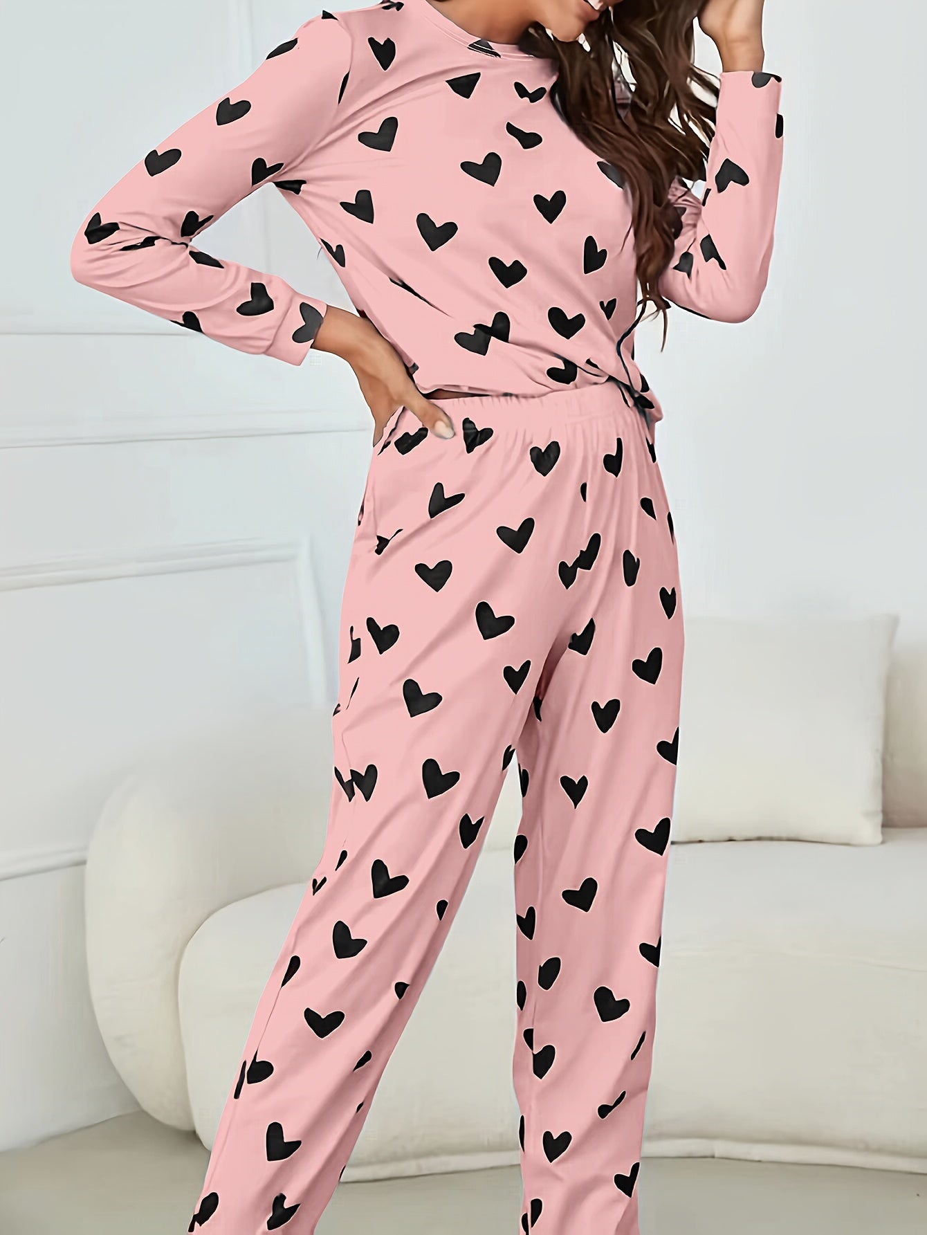 Long Sleeve Heart Print Pajama Set, Crew Neck Top & Elastic Waistband Pants for Women's Sleepwear & Loungewear