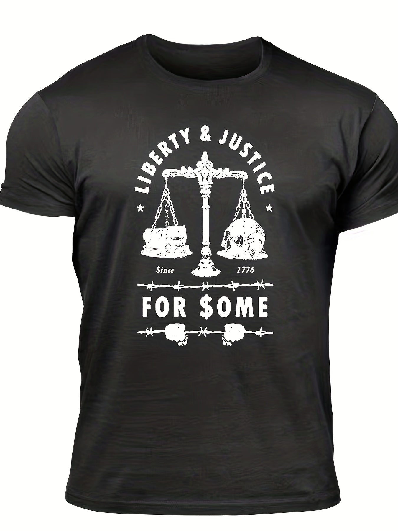 Men's "Liberty & Justice" Print T-shirt, Casual Comfy Slightly Stretch Crew Neck Tee, Men's Clothing For Summer Outdoor