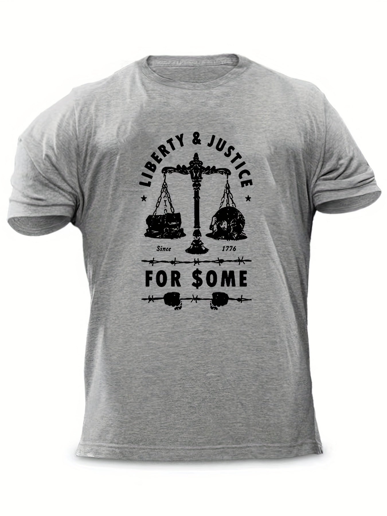 Men's "Liberty & Justice" Print T-shirt, Casual Comfy Slightly Stretch Crew Neck Tee, Men's Clothing For Summer Outdoor