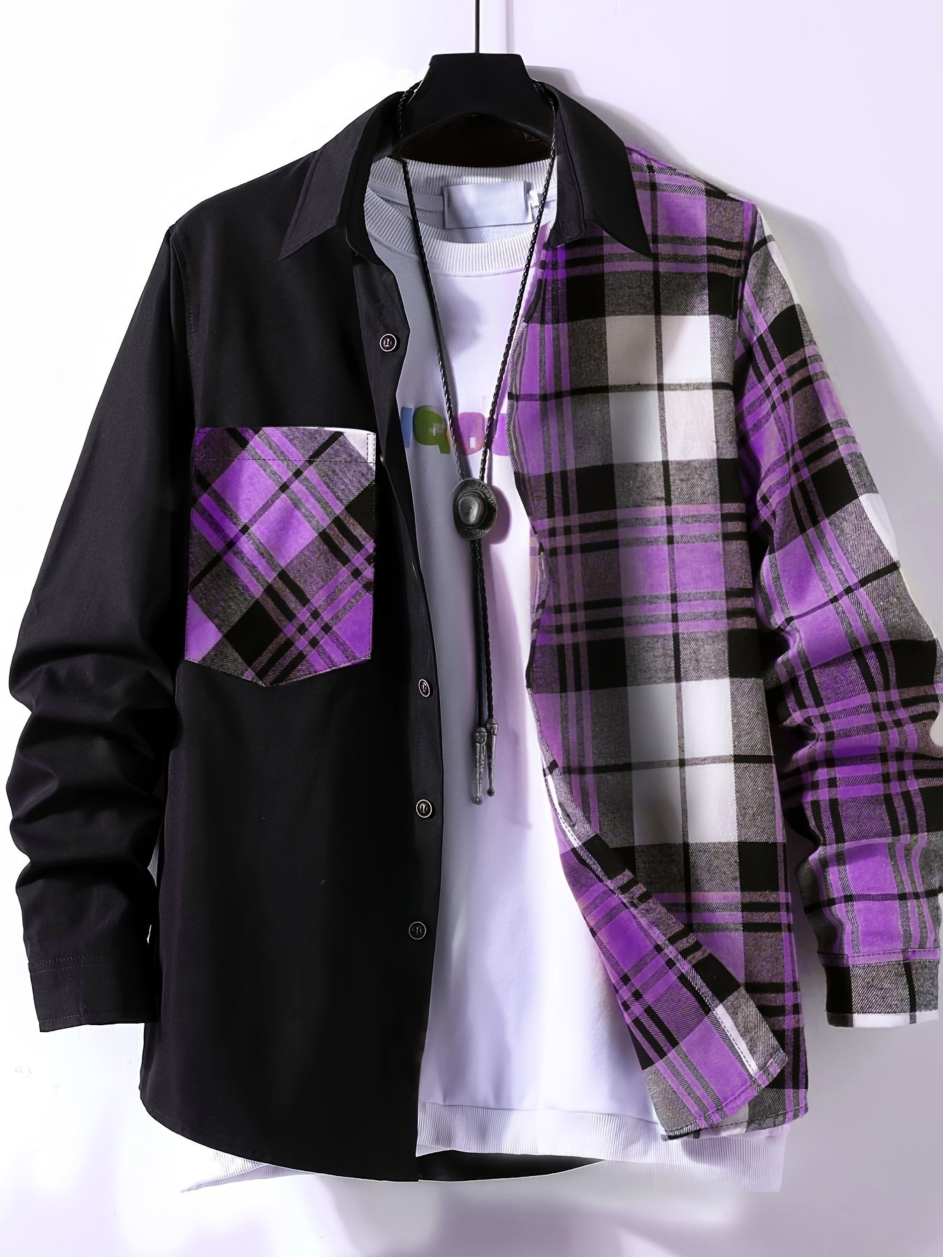 Vibrant Plaid Pattern Collage Chest Pocket Long Sleeve Button Up Shirt - Stylish Casual Wear for Spring, Summer, and Fall Outdoor Activities - Soft, Breathable, and Comfortable Men's Clothing for Everyday Wear
