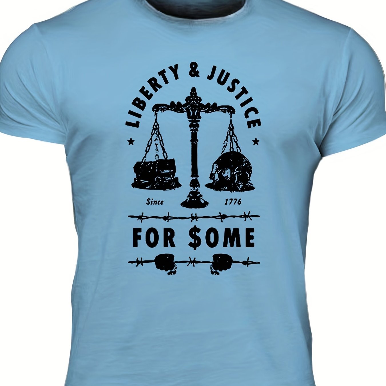 Men's "Liberty & Justice" Print T-shirt, Casual Comfy Slightly Stretch Crew Neck Tee, Men's Clothing For Summer Outdoor