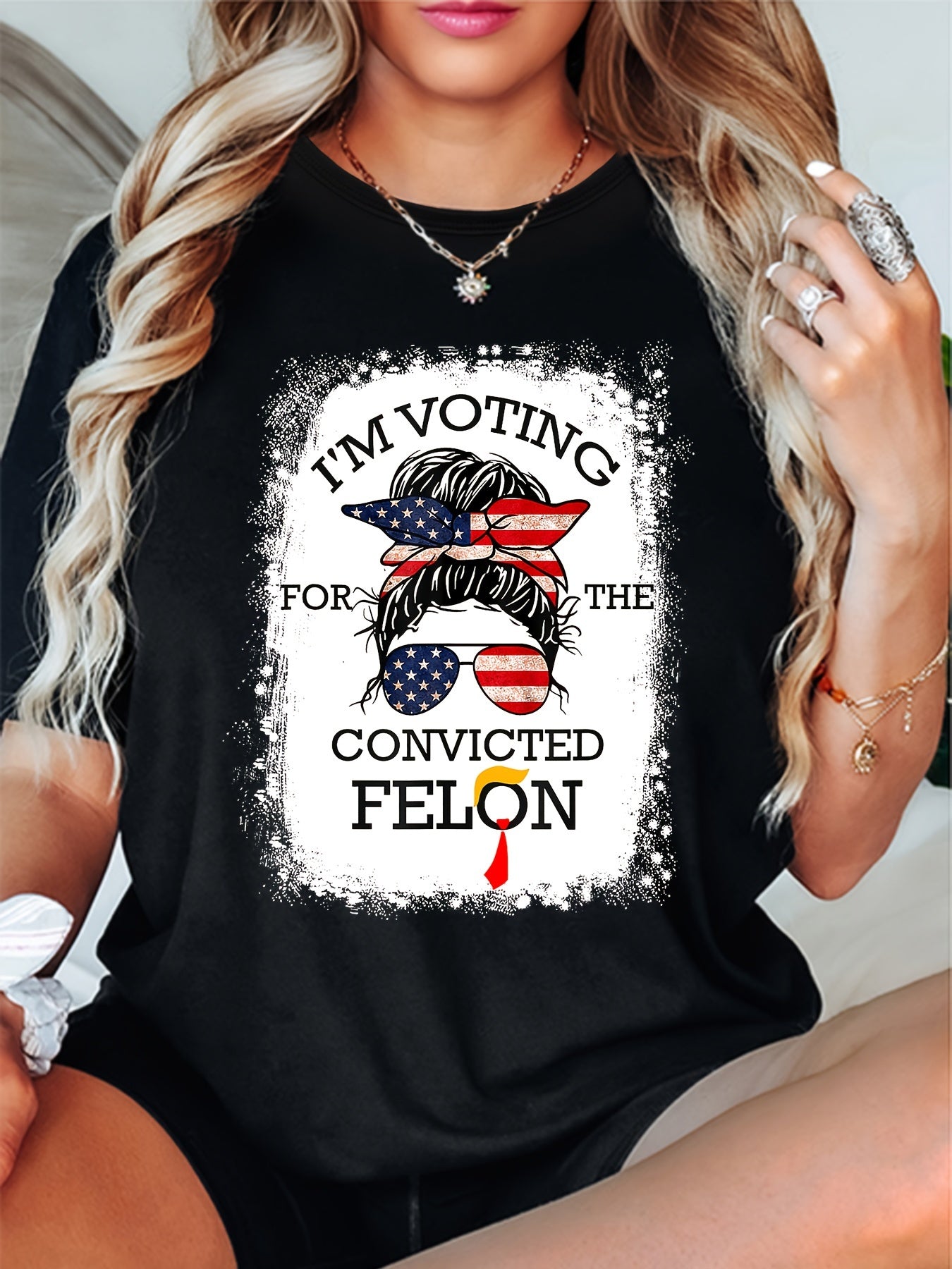Flag scarf sunglasses Girls printed round neck T-shirt, Spring & Summer short sleeve T-shirt, Sports casual everyday top, women's wear