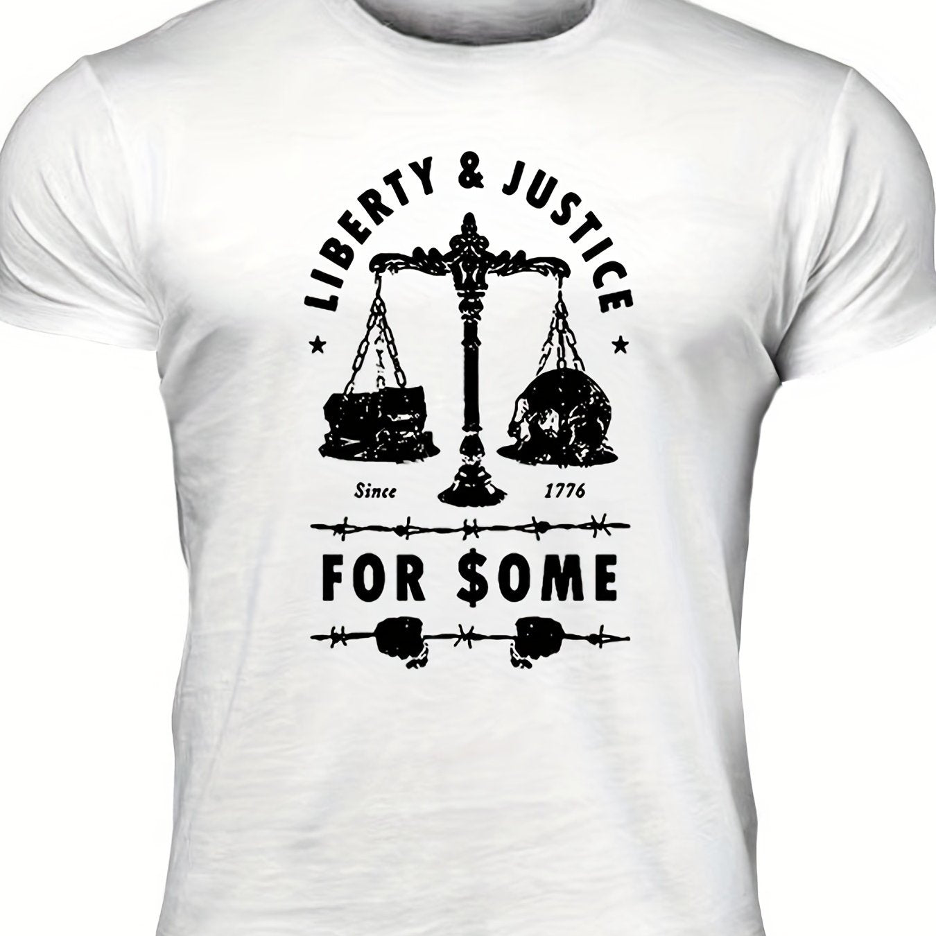 Men's "Liberty & Justice" Print T-shirt, Casual Comfy Slightly Stretch Crew Neck Tee, Men's Clothing For Summer Outdoor