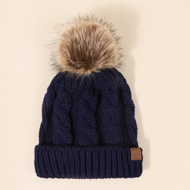 Winter Oversized Solid Color Cable Knitted Pom Pom Beanie Hat, Valentine's Gifts For Her