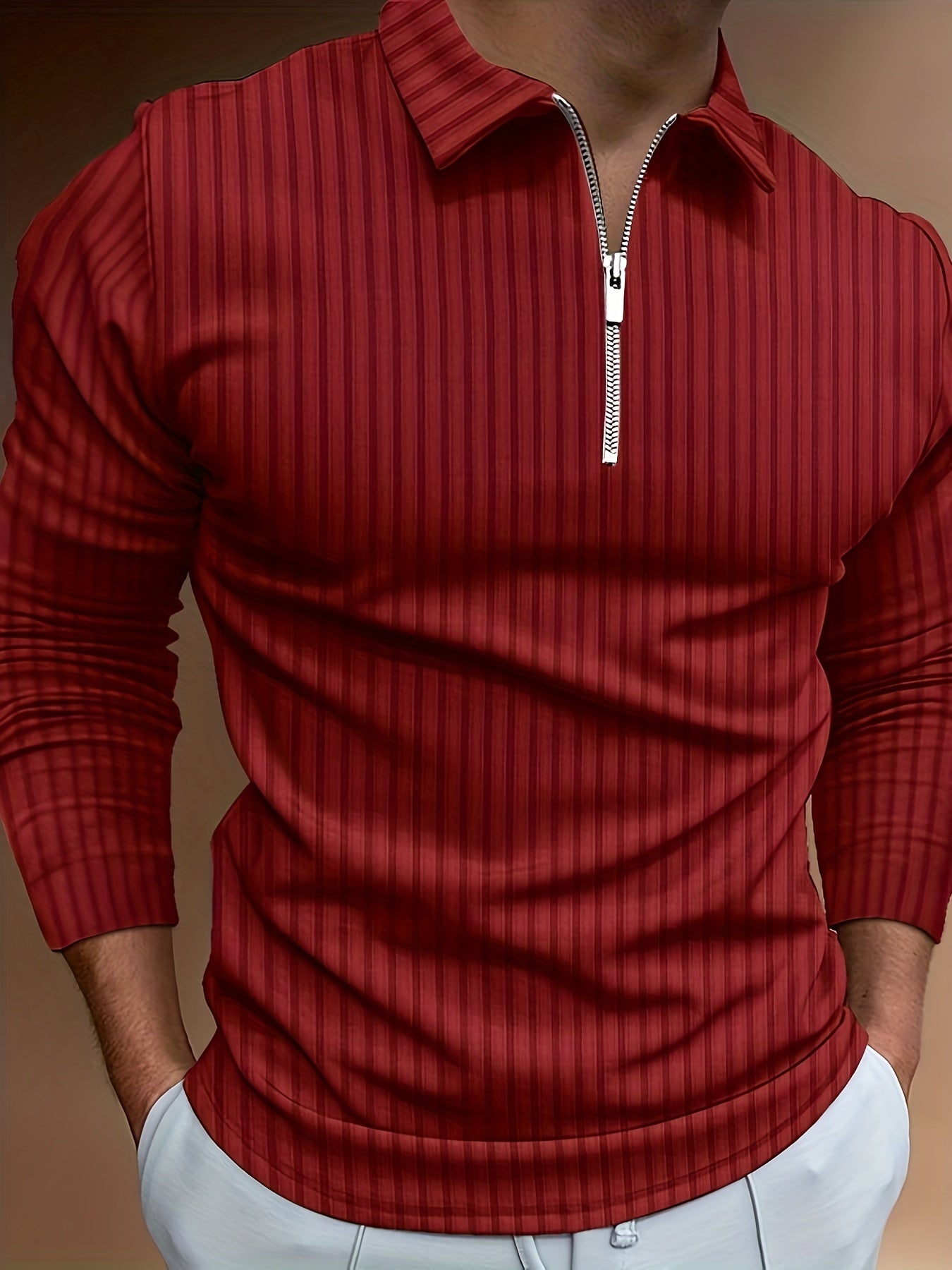 Vertical Stripe Men's Casual Long Sleeve Zipper Shirts, Lapel Collar Tops Pullovers, Men's Clothing For Spring Autumn