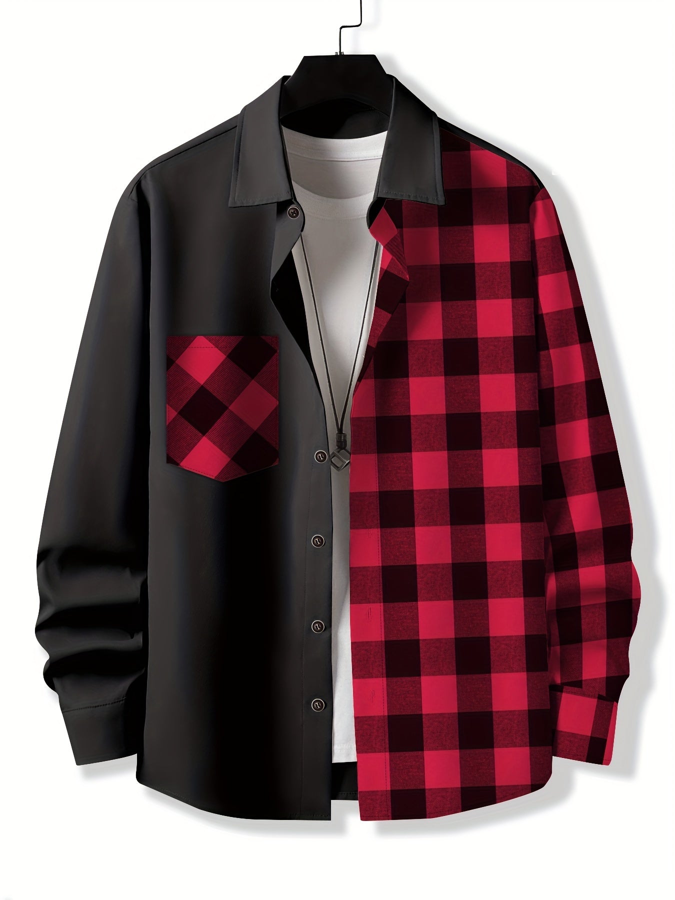 Vibrant Plaid Pattern Collage Chest Pocket Long Sleeve Button Up Shirt - Stylish Casual Wear for Spring, Summer, and Fall Outdoor Activities - Soft, Breathable, and Comfortable Men's Clothing for Everyday Wear