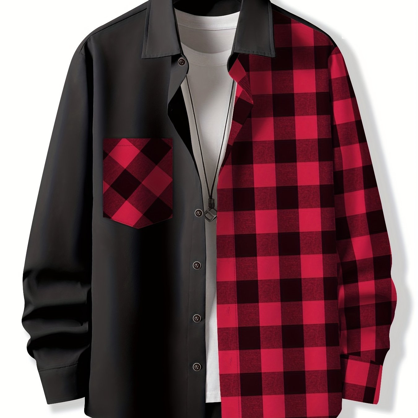 Vibrant Plaid Pattern Collage Chest Pocket Long Sleeve Button Up Shirt - Stylish Casual Wear for Spring, Summer, and Fall Outdoor Activities - Soft, Breathable, and Comfortable Men's Clothing for Everyday Wear
