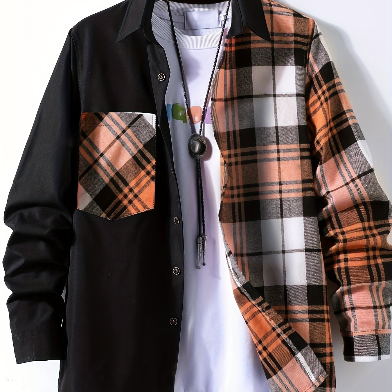 Vibrant Plaid Pattern Collage Chest Pocket Long Sleeve Button Up Shirt - Stylish Casual Wear for Spring, Summer, and Fall Outdoor Activities - Soft, Breathable, and Comfortable Men's Clothing for Everyday Wear