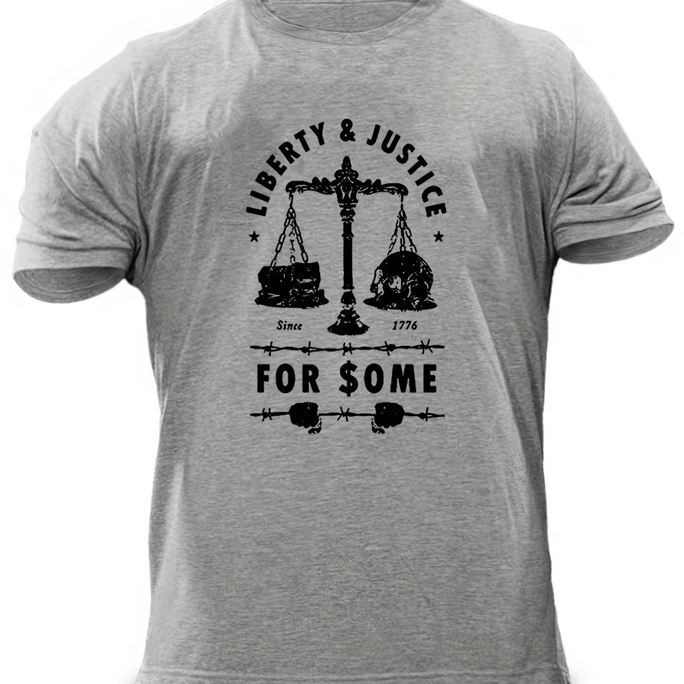 Men's "Liberty & Justice" Print T-shirt, Casual Comfy Slightly Stretch Crew Neck Tee, Men's Clothing For Summer Outdoor