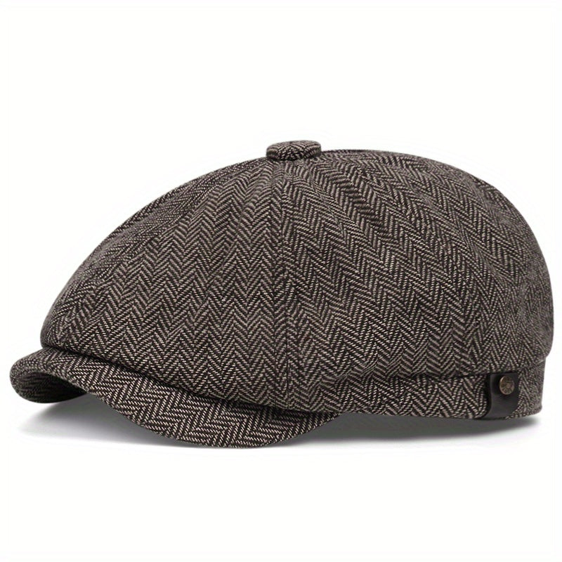 Men's Retro Octagonal Herringbone Hat, Casual Striped Beret, Gatsby Flat Hat