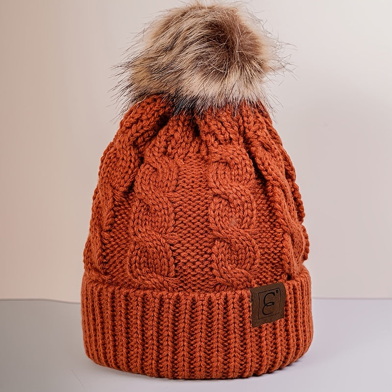 Winter Oversized Solid Color Cable Knitted Pom Pom Beanie Hat, Valentine's Gifts For Her