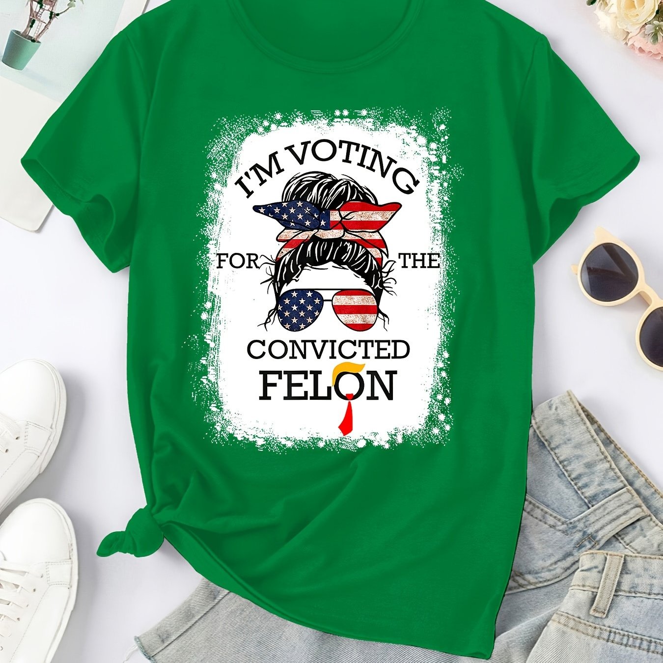 Flag scarf sunglasses Girls printed round neck T-shirt, Spring & Summer short sleeve T-shirt, Sports casual everyday top, women's wear