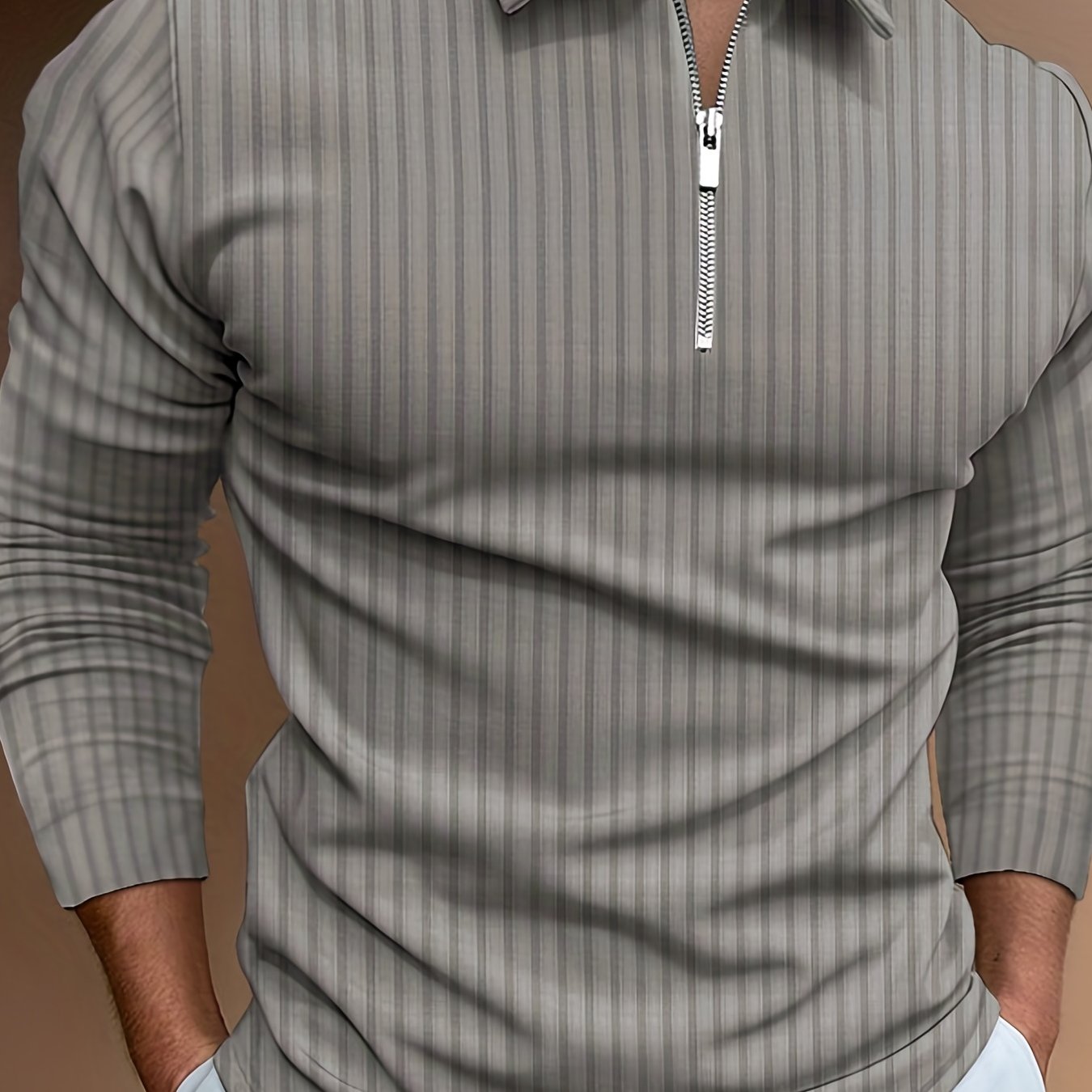 Vertical Stripe Men's Casual Long Sleeve Zipper Shirts, Lapel Collar Tops Pullovers, Men's Clothing For Spring Autumn
