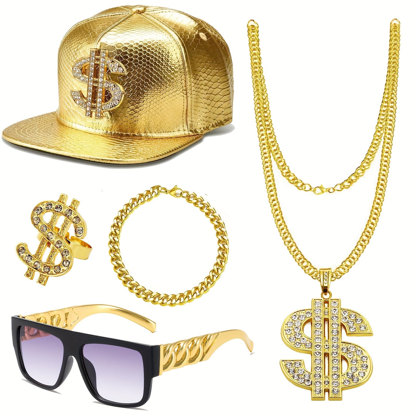 5Pcs Hip Hop Costume Kit 80s 90s Rapper Accessories Set Gold Rapper Hat Baseball Cap Punk Sunglasses Gold Dollar Sign Pendant Necklace Ring Bracelet For Men Women Carnivals, Throwback Party Outfit Halloween Jewelry Fun Access