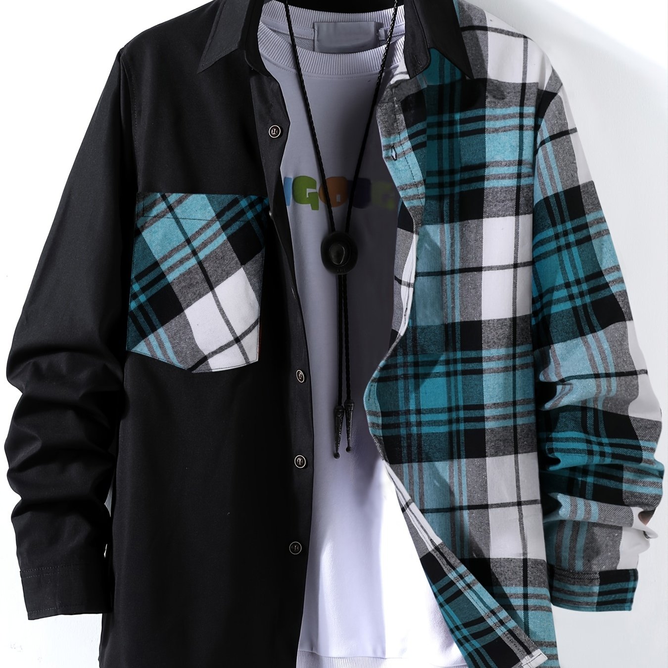 Vibrant Plaid Pattern Collage Chest Pocket Long Sleeve Button Up Shirt - Stylish Casual Wear for Spring, Summer, and Fall Outdoor Activities - Soft, Breathable, and Comfortable Men's Clothing for Everyday Wear