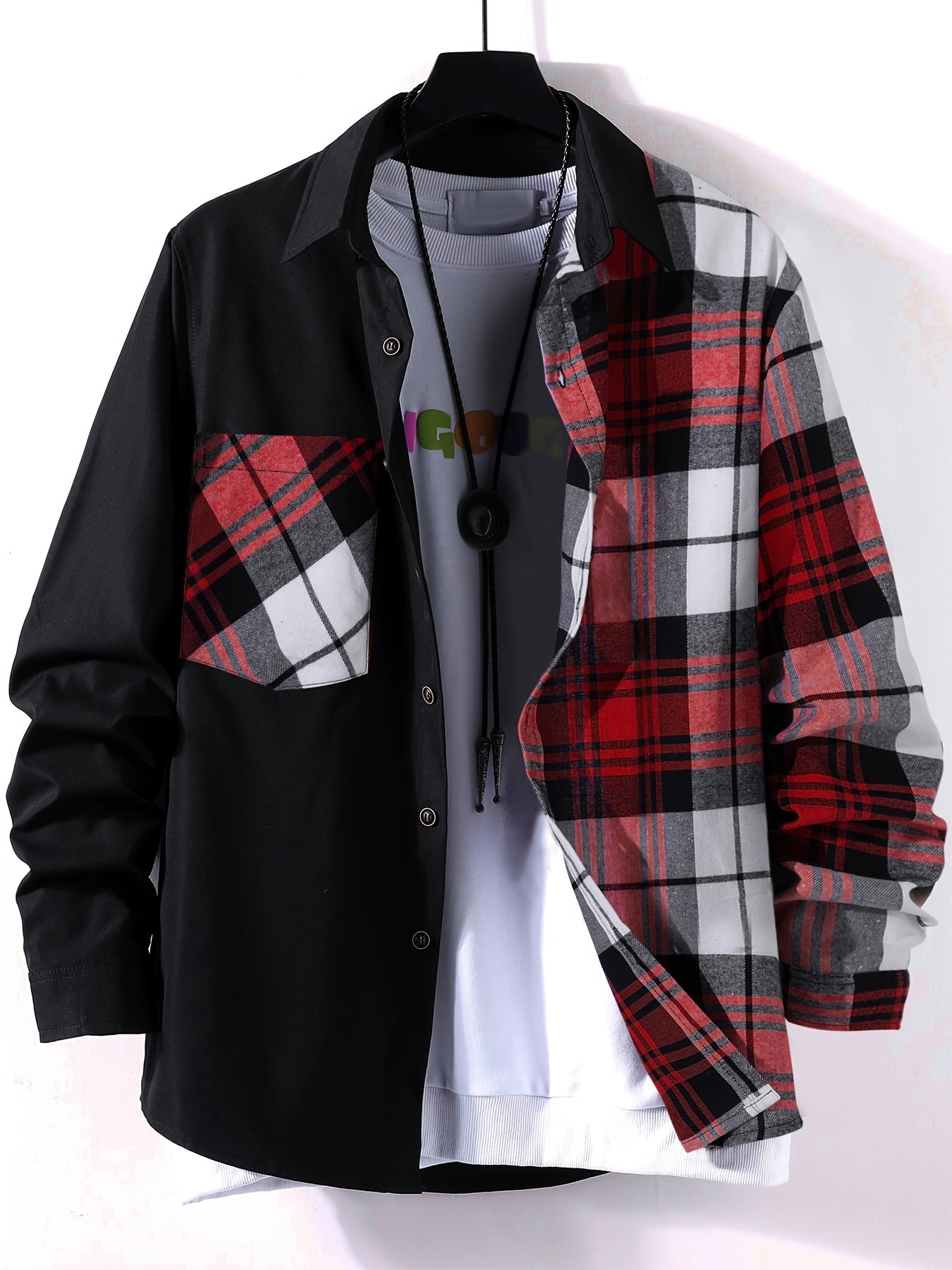 Vibrant Plaid Pattern Collage Chest Pocket Long Sleeve Button Up Shirt - Stylish Casual Wear for Spring, Summer, and Fall Outdoor Activities - Soft, Breathable, and Comfortable Men's Clothing for Everyday Wear