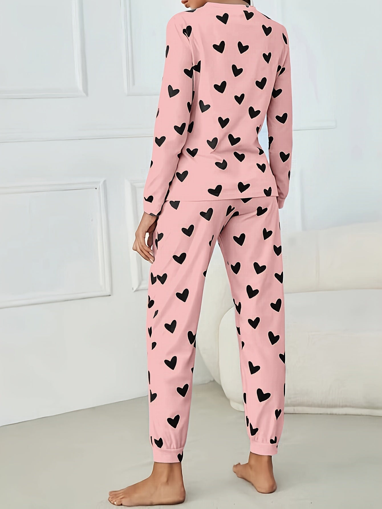 Long Sleeve Heart Print Pajama Set, Crew Neck Top & Elastic Waistband Pants for Women's Sleepwear & Loungewear
