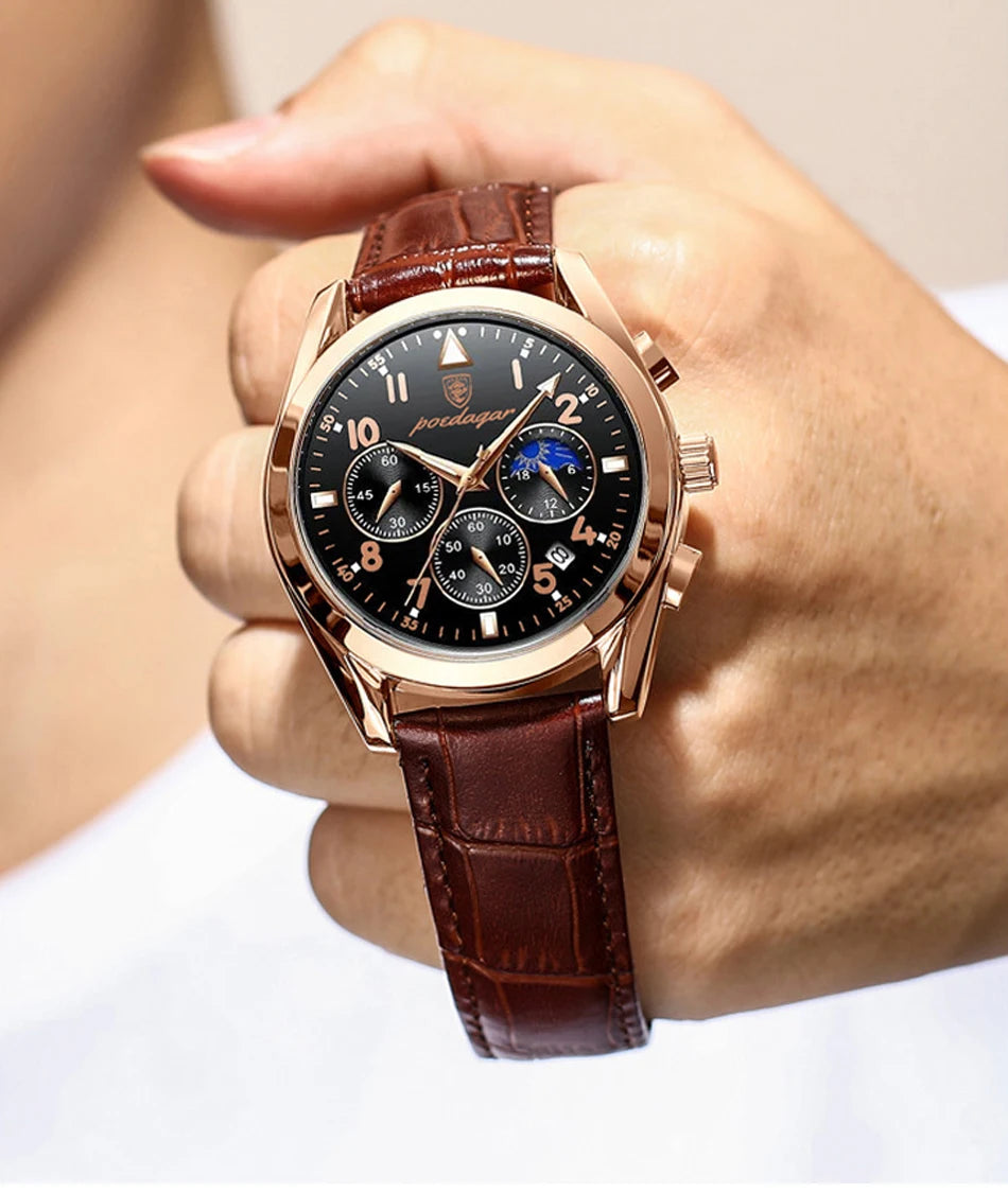 POEDAGAR Men Watches 2021 New Fashion Leather Waterproof Luminous Top Brand Luxury Mens Quartz Wristwatch Relogio Masculino