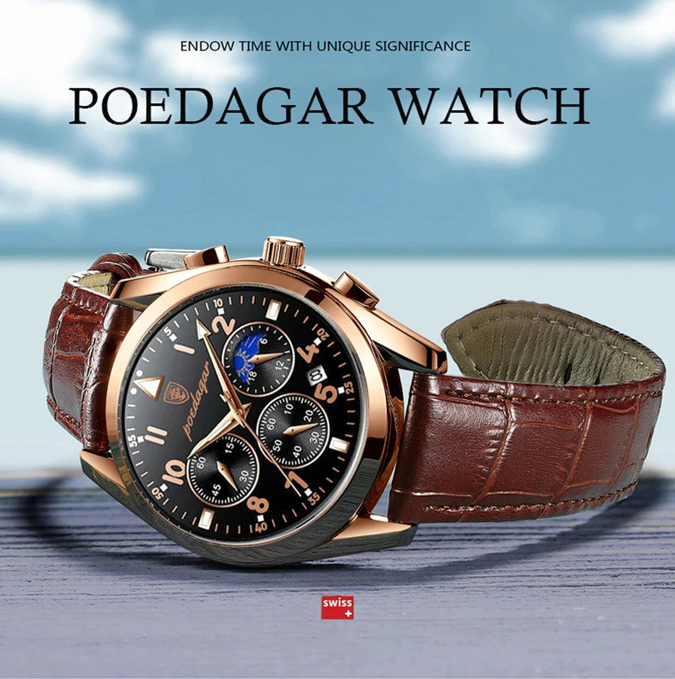 POEDAGAR Men Watches 2021 New Fashion Leather Waterproof Luminous Top Brand Luxury Mens Quartz Wristwatch Relogio Masculino