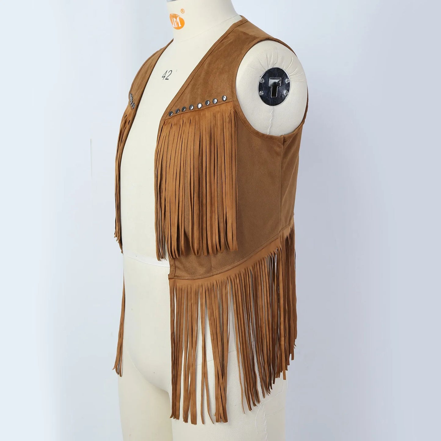 Mens Faux Suede Tassel Vest Western Cowboy Sleeveless Indian Denim Vest Tassel Retro Boho Hippie Clothing Tops Rivets Fringe