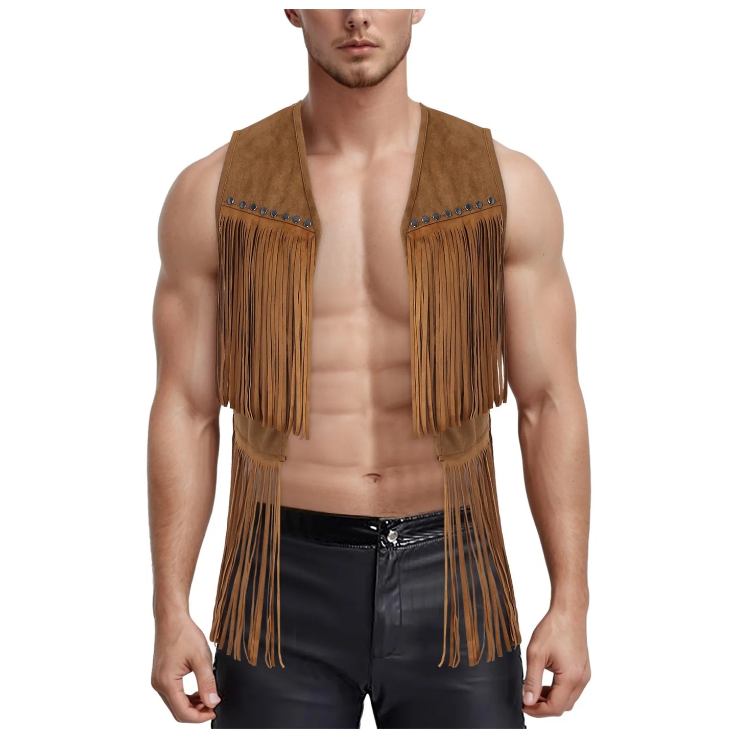 Mens Faux Suede Tassel Vest Western Cowboy Sleeveless Indian Denim Vest Tassel Retro Boho Hippie Clothing Tops Rivets Fringe