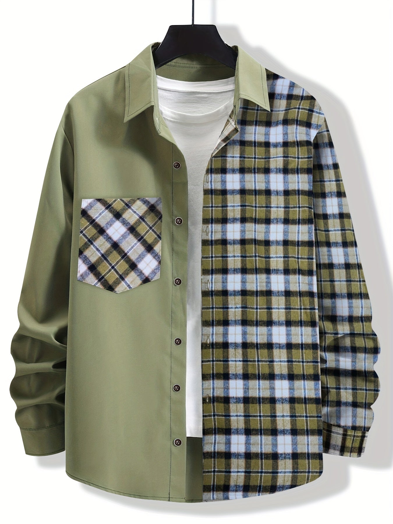 Vibrant Plaid Pattern Collage Chest Pocket Long Sleeve Button Up Shirt - Stylish Casual Wear for Spring, Summer, and Fall Outdoor Activities - Soft, Breathable, and Comfortable Men's Clothing for Everyday Wear
