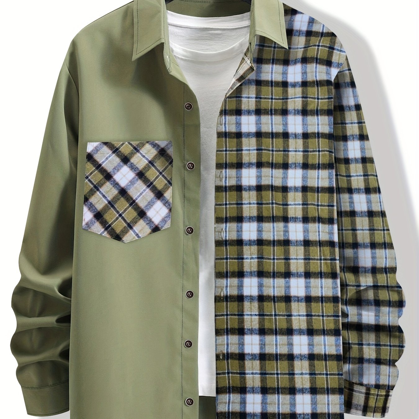 Vibrant Plaid Pattern Collage Chest Pocket Long Sleeve Button Up Shirt - Stylish Casual Wear for Spring, Summer, and Fall Outdoor Activities - Soft, Breathable, and Comfortable Men's Clothing for Everyday Wear