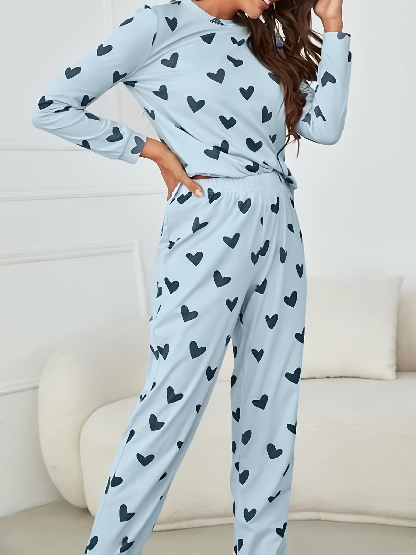 Long Sleeve Heart Print Pajama Set, Crew Neck Top & Elastic Waistband Pants for Women's Sleepwear & Loungewear